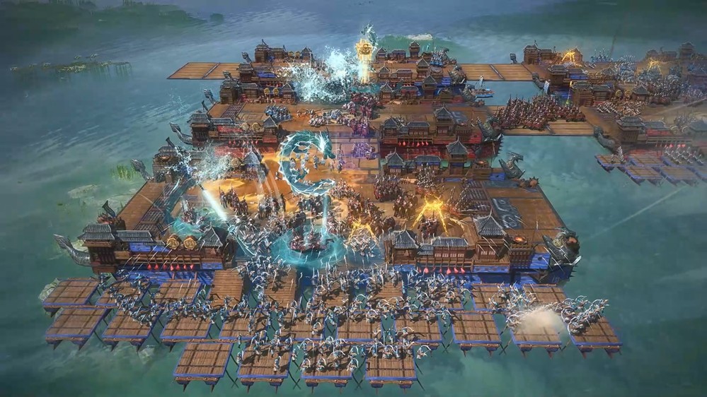 GVG战斗场景特写：俯视角沙盘中，多支军队在山谷、河流、关隘间激烈交火，箭矢轨迹与士兵移动路径清晰可见，UI显示实时‘士气值’与‘补给线状态’