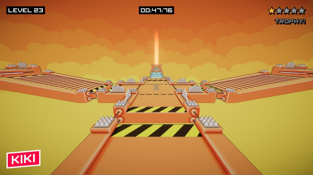 游戏实机画面：Kiki角色正从发光弹簧板高高弹起，下方是快速闭合的锯齿齿轮阵列，背景随BPM闪烁色块，UI右上角显示实时连击计数与节奏判定标识