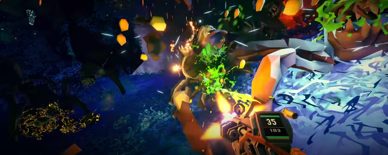 《深岩银河》基地酒吧场景特写：木质吧台旁立着一个复古风格的金属投环装置，地面散落几个红色和蓝色塑料桶，背景可见其他玩家角色闲聊或饮酒