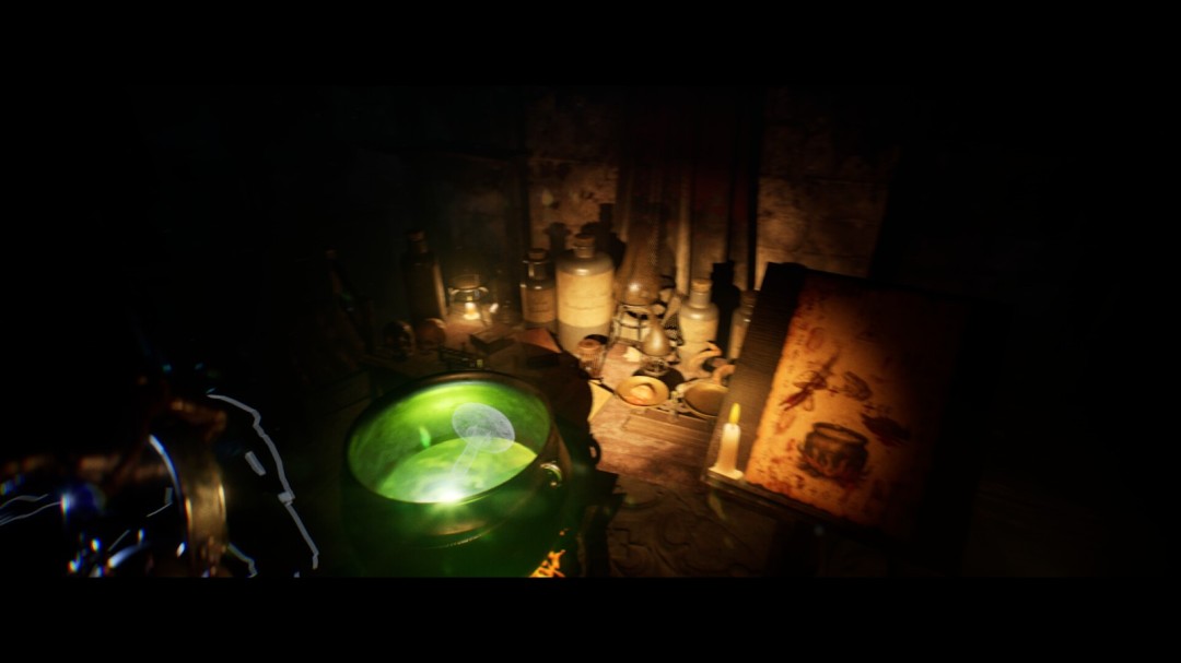 室内场景截图：昏暗诊疗室内布满血迹与散落的羊皮卷，桌上摆放着盛有荧光绿色液体的玻璃器皿和刻有楔形文字的青铜盘