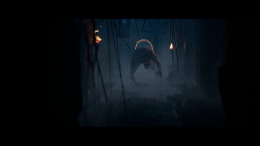 过场动画截图：巨大石像的眼窝中涌出黑色黏液，镜头拉远展现整座被藤蔓与脓疱覆盖的古城遗迹