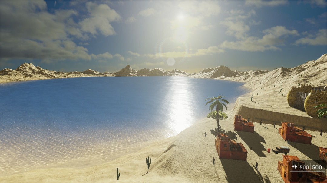 游戏实机战斗画面：主角半跪于沙丘掩体后，手持改装AK向远处敌方哨塔点射，子弹命中引发火花四溅，背景可见滚动的沙尘暴云墙