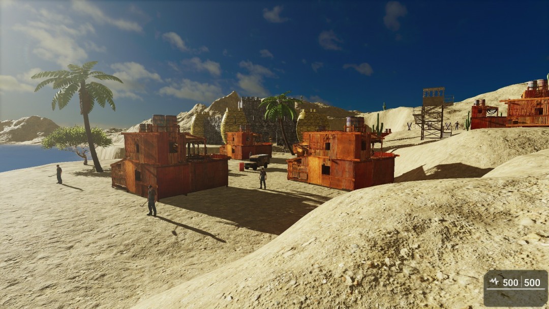 沙漠昼夜交替场景：同一片干涸河床，左侧为正午刺眼强光下的龟裂地貌，右侧切换为冷色调月夜，沙地上浮现幽蓝荧光植物与潜行敌人的红外轮廓