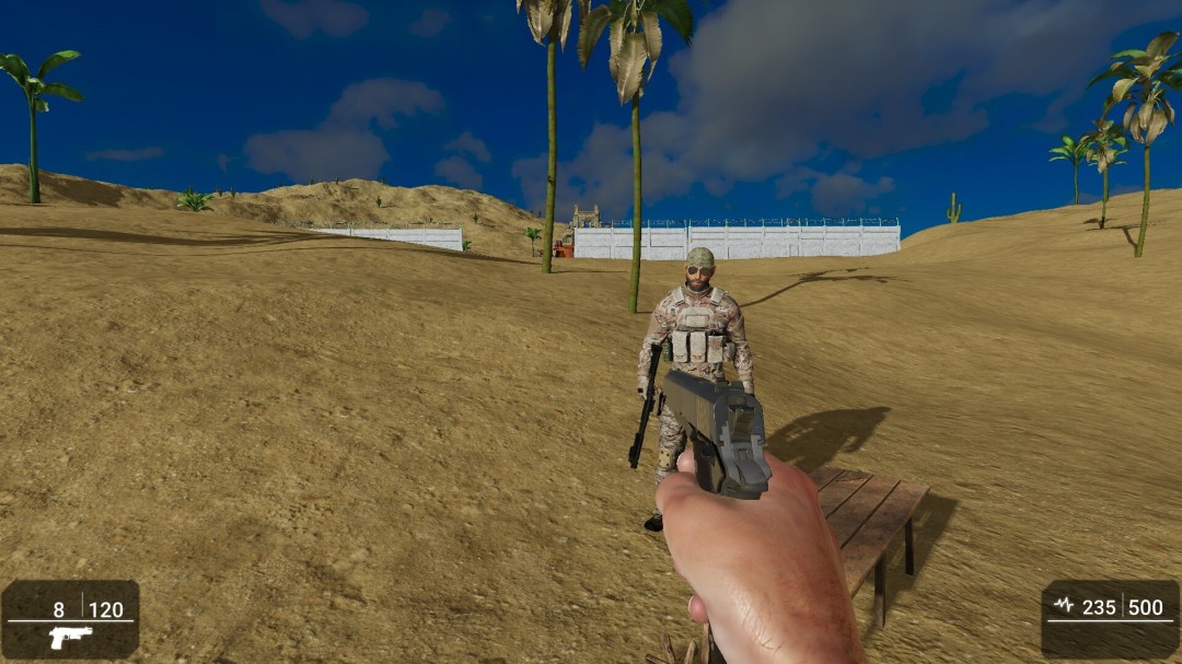 动态天气系统演示：沙尘暴席卷营地，帐篷被掀翻，主角用布条缠住口鼻艰难前行，HUD右上角实时显示能见度降至15米