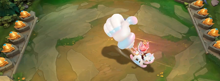 动作四全景：彩虹小马通体流光溢彩，小小瑟提骑乘摇摆，身后点赞手势从拇指大小逐步膨胀为闪耀金碑