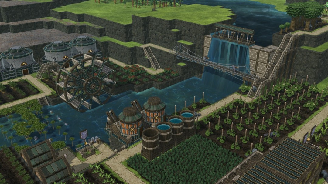 游戏内实机画面：海狸角色正协作拖拽巨型原木，背景可见正在施工的多层木质平台与环绕的湍急水流，水面反射出齿轮与管道结构