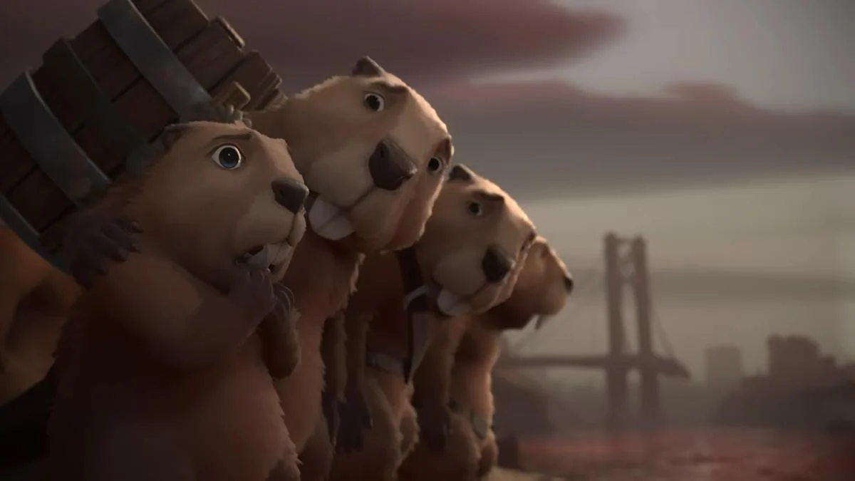 俯视角建造界面特写：玩家正拖拽滑块调整水坝高度，下方河道水位随之缓慢上升，两侧木质支架与齿轮结构清晰可见