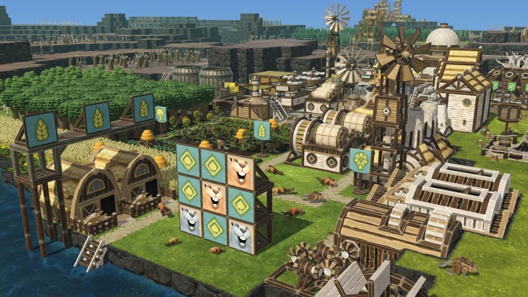 海狸群居场景：不同工种海狸在立体木构社区中忙碌穿梭——有攀爬输水塔维修管道的，有在吊篮里运输树苗的，还有围在中央喷泉旁休憩的