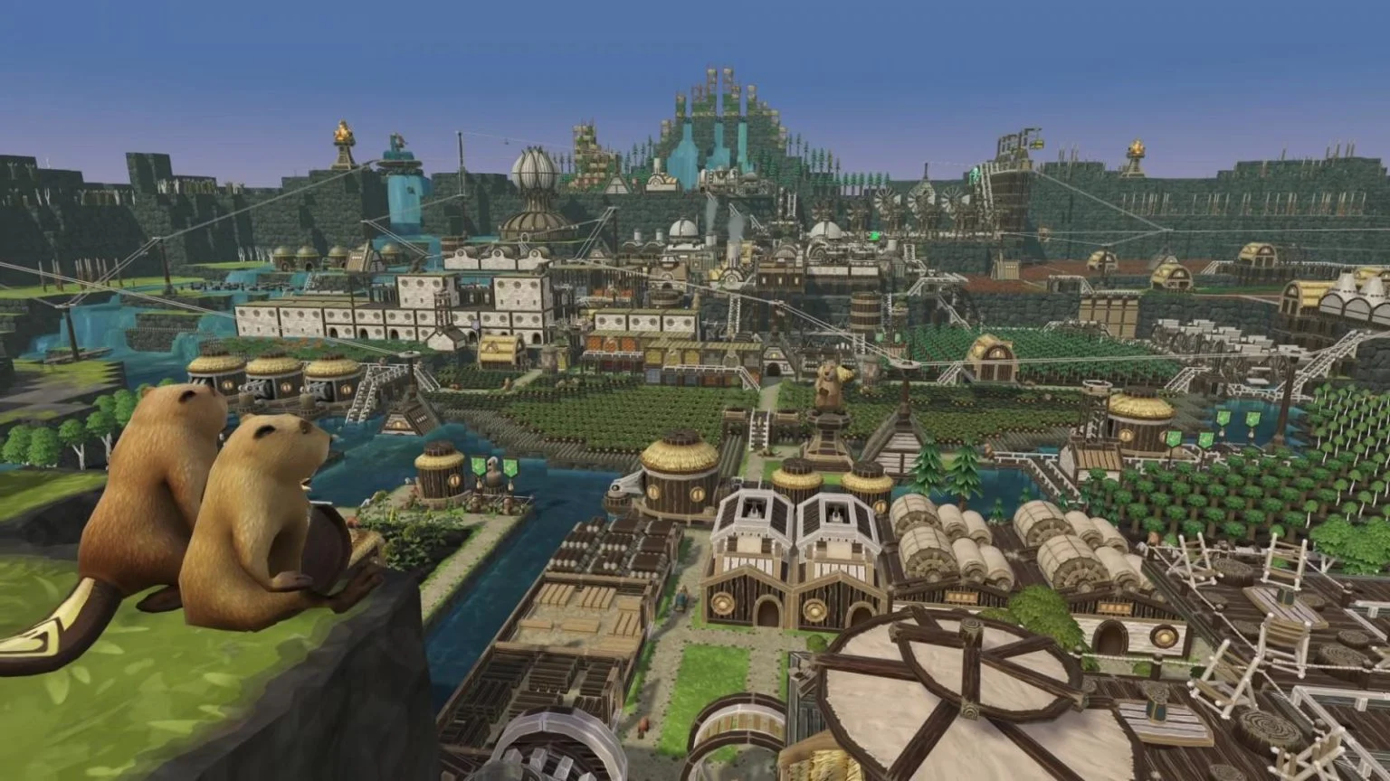 动态天气与生态交互画面：一场酸雨落下，海狸们迅速启动屋顶导流槽，雨水被精准引入蓄水池，池边苔藓随之泛起微光，展现环境响应机制