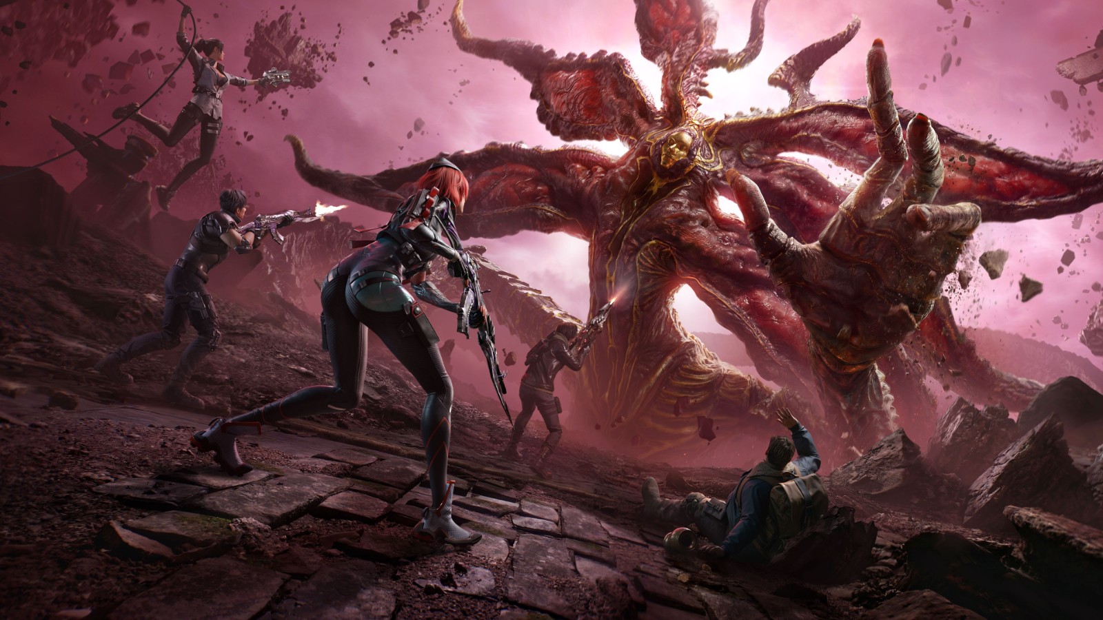 《逆战：未来》鬼吹灯联动主视觉海报：胡八一持探照灯立于精绝古城断壁残垣前，身后沙暴翻涌，远处隐约浮现九层妖塔剪影，整体色调苍凉诡谲，充满西域神秘感