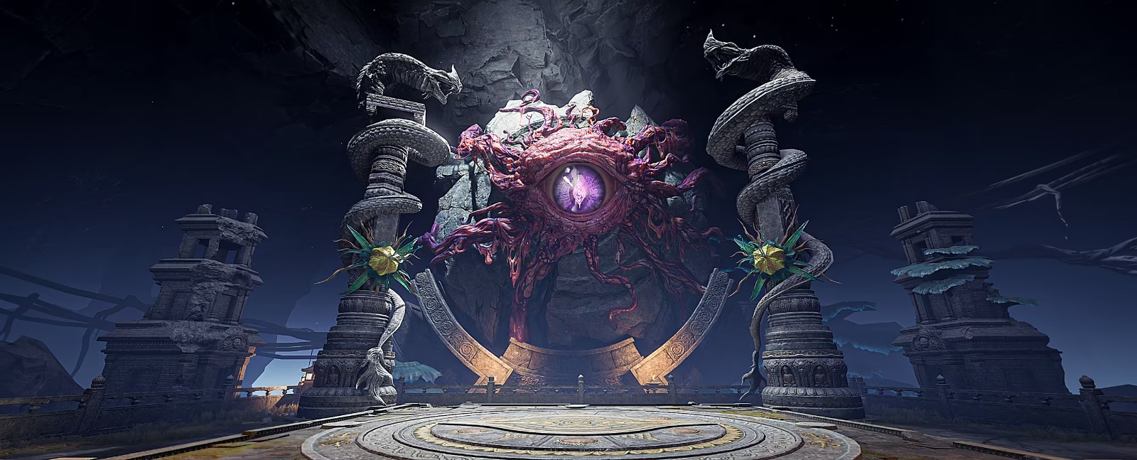 昆仑神宫场景实机截图：龙顶冰川入口处，巨大冰柱垂悬，地面覆盖厚实寒霜，角色手持姜汁喷枪对准冰壁，蒸汽正从融化的缝隙中升腾而出