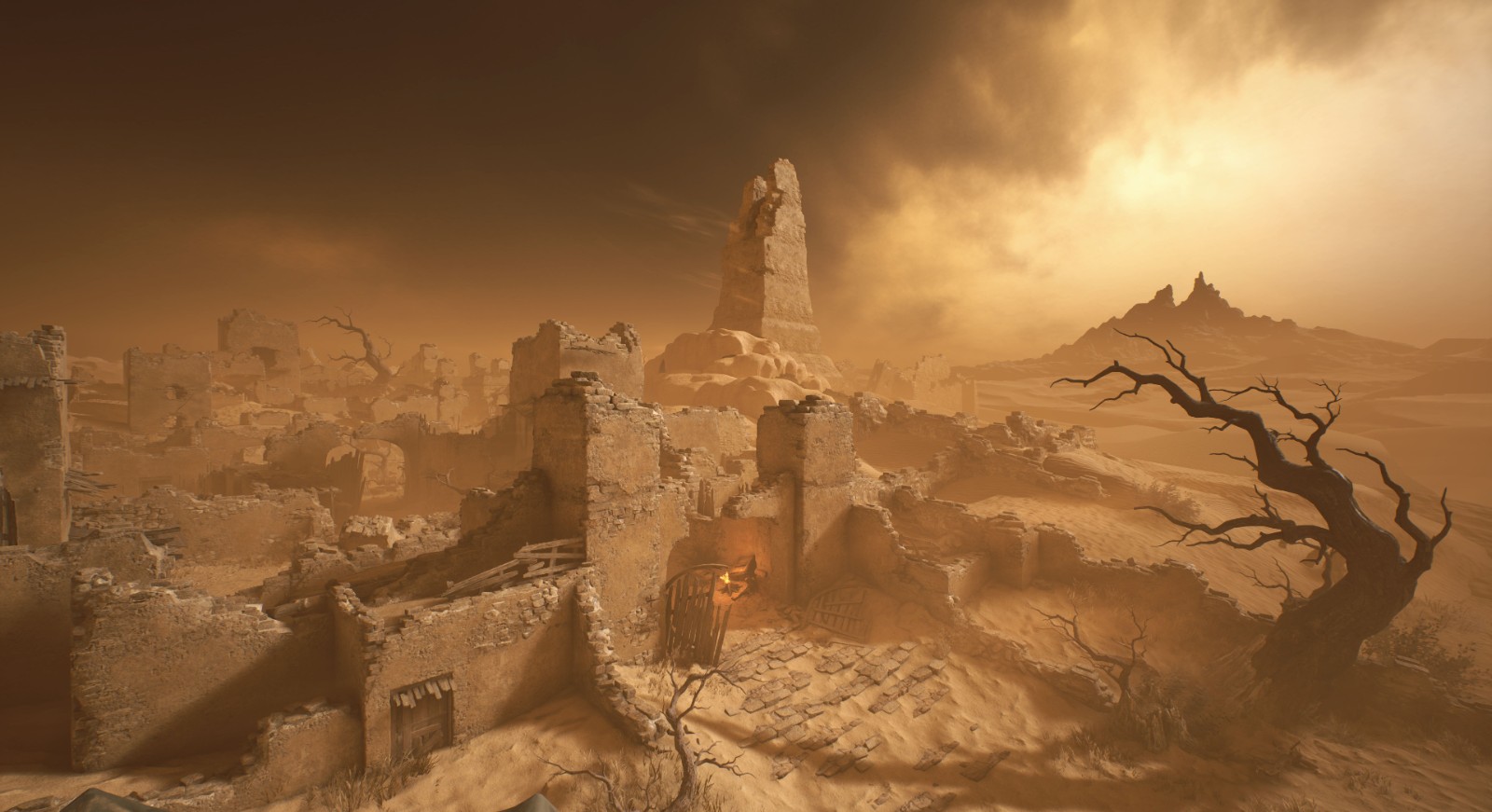 精绝古城BOSS战场景：玩家小队背靠断墙，前方黄沙翻涌，巨型蚁后高举节肢，腹部正泛起诡异红光准备释放‘产卵’技能