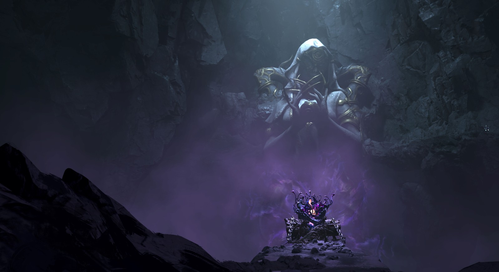 女王陵墓内部：昏暗烛光下，巨大尸香魔芋花瓣缓缓开合，空气中漂浮着淡紫色幻术孢子，玩家角色正抬手遮挡视线