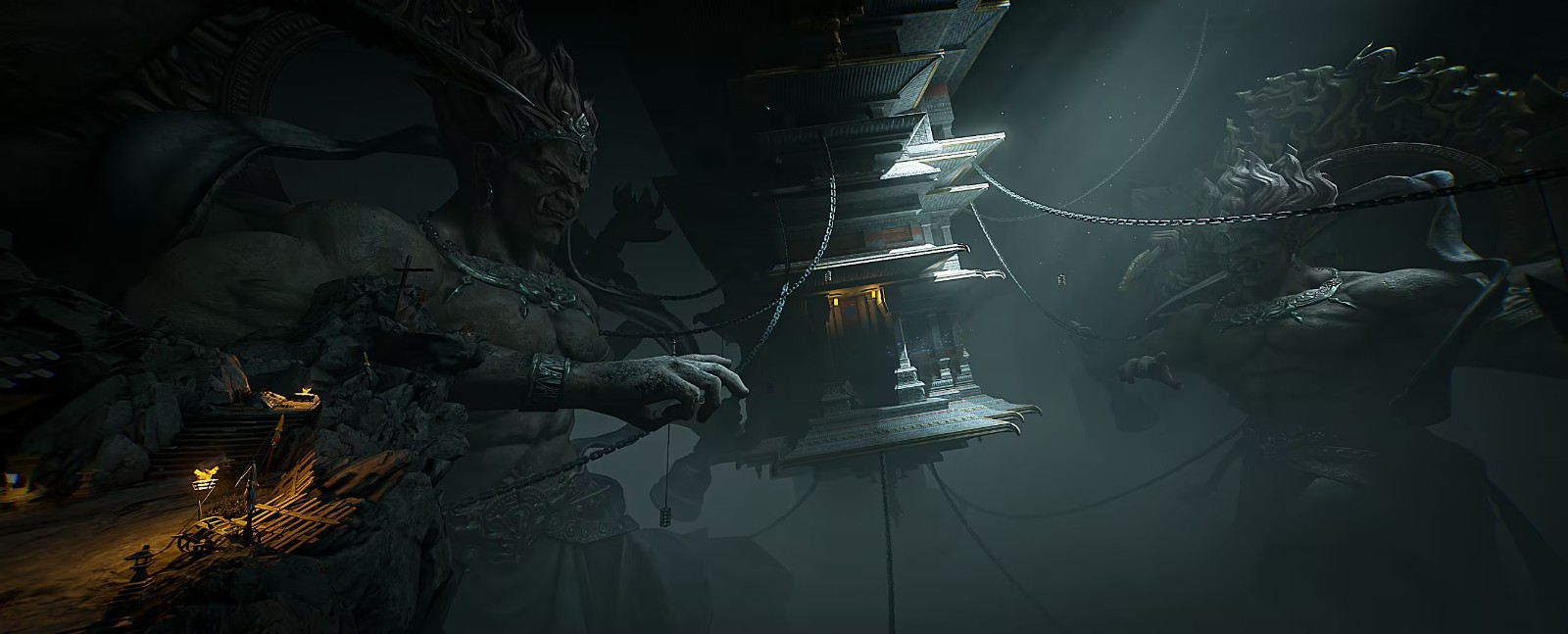 九层妖塔机关特写：三座青铜转经轮高速旋转，轮面符文亮起金光，地面投影出通往祭坛的发光路径