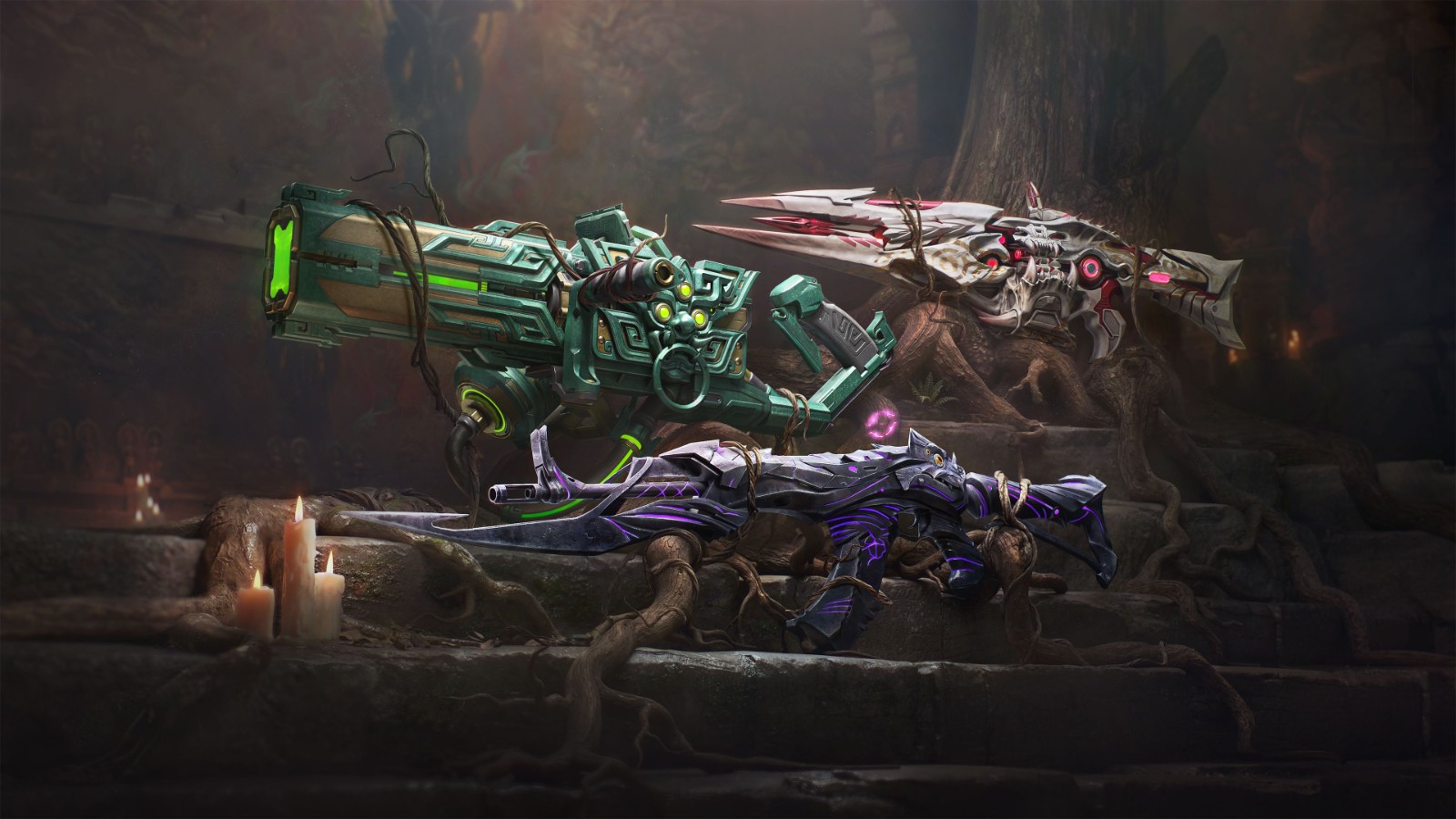 武器实机对比图：左侧【精绝兽神】榴弹炸开蚁群，右侧【冥河之矛】电链锁住精绝女王，中间【鬼铜蚀】毒雾弥漫覆盖蛇王分身