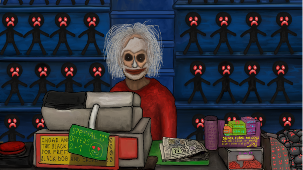 《OFFERING APP》主视觉图：深紫色故障屏幕界面中浮现出一只半融化的机械手掌，指尖滴落像素状黑液，背景隐约可见扭曲的Windows资源管理器窗口与手写体‘ARE YOU SURE?’字样