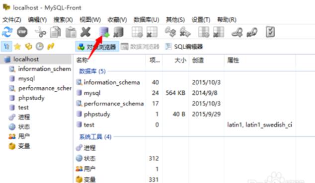 MySQL-Front主界面截图，左侧为localhost服务器树，右侧为带加号的圆筒图标高亮显示，界面风格为经典蓝灰配色的Windows XP时代UI