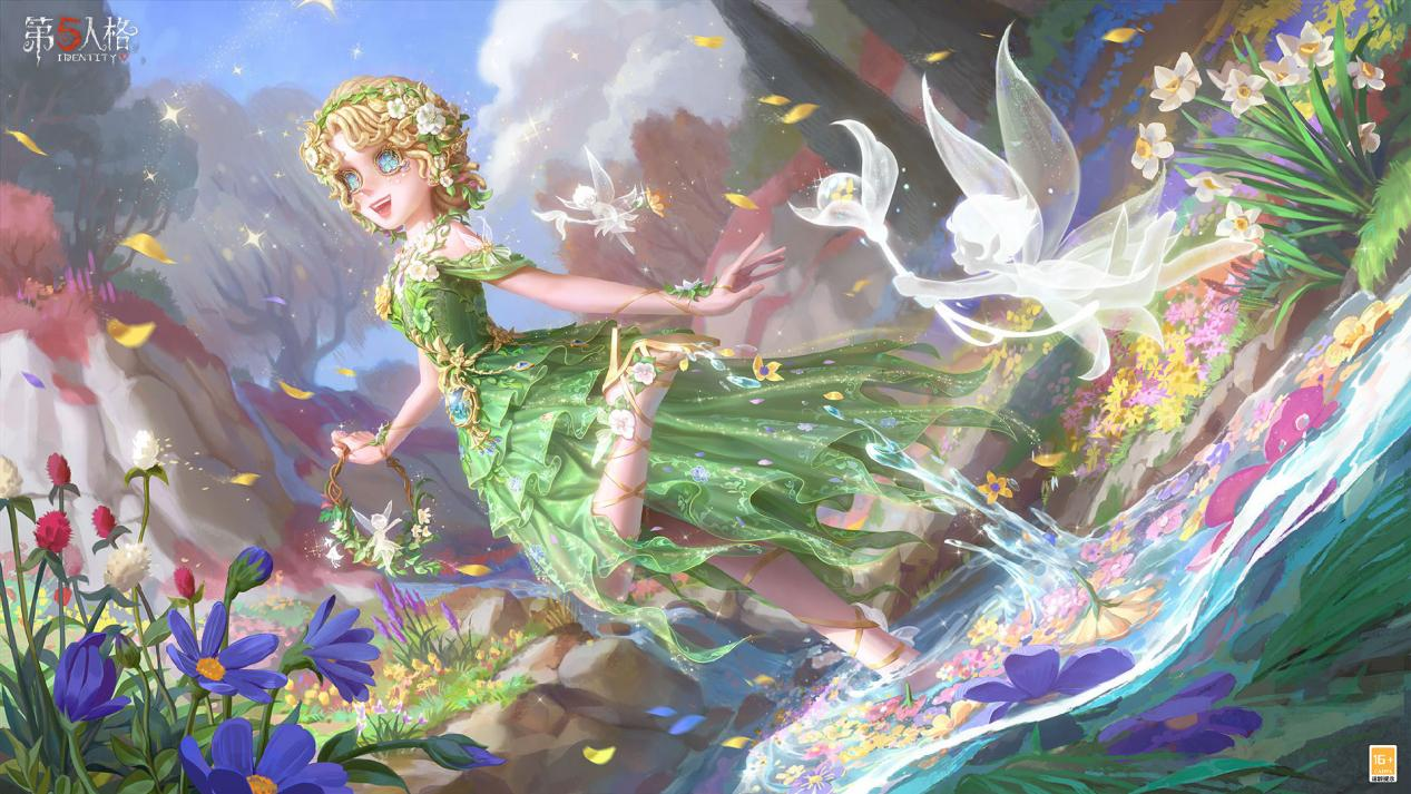 园丁稀世时装‘长夏永不凋落’动态展示图：绿色花仙子风格长裙，头戴鲜花金饰花环，身边环绕发光小精灵，背景为光影斑驳的夏日林间