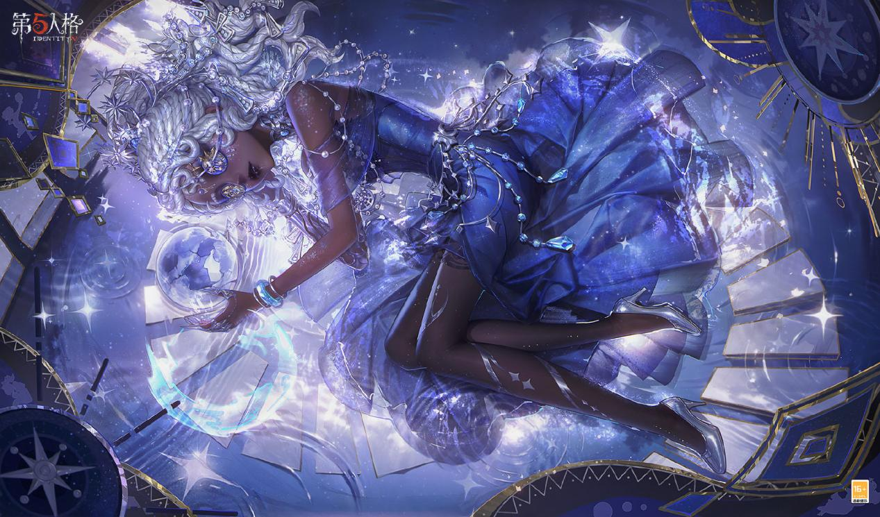 咒术师稀世时装‘夜之商籁’动态展示：深蓝星空渐变礼裙，银发高束配星月发饰，手持散发幽蓝荧光的破碎月亮占卜球，背景为浩瀚星穹与流动星轨