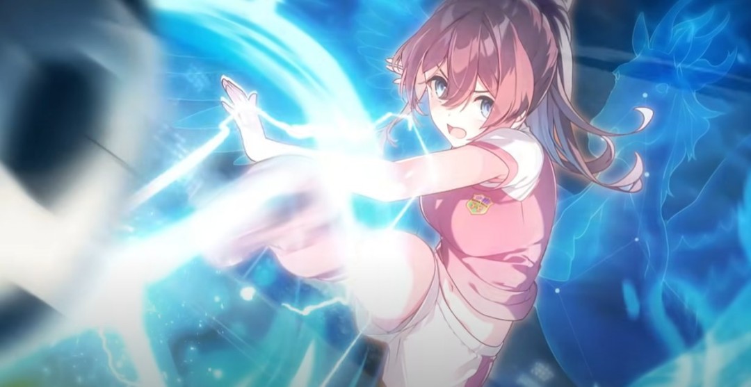 《梦幻球星明日翔》游戏主视觉图：阳光草坪上站列着五位风格各异的少女球员，身着蓝白渐变队服，手持足球，笑容自信张扬，背景是充满活力的樱花校园球场