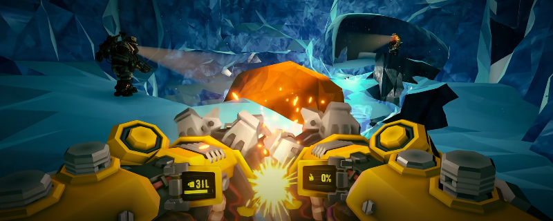 《深岩银河》空间站基地内景：金属质感十足的初始小房间，中央立有一台泛着蓝光的员工终端，屏幕显示“EMPLOYEE TERMINAL”字样及多项任务图标