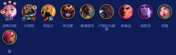 S16赛季芬妮95阵容英雄卡牌排列图：十张英雄卡按战力层级横向铺开，萨勒芬妮居中高亮，龙女与狗头分列两侧，下方标注对应羁绊图标