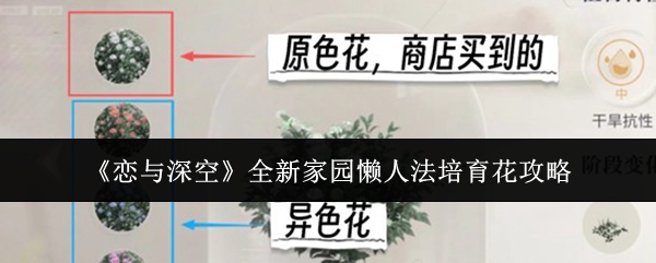《恋与深空》家园系统主界面截图：阳光通透的开放式立体住宅，阳台摆放着数盆待培育的萌系花朵，背景可见悬浮光效与角色剪影