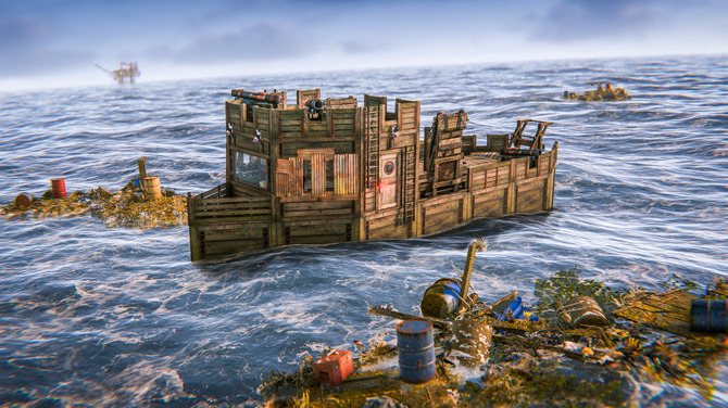 《腐蚀》Naval更新主视觉图：一艘巨型木质战舰劈开巨浪驶向远方，天空乌云翻涌，舰艏炮口微光闪烁，远处隐约可见漂浮都市轮廓