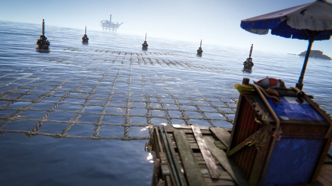 浮空都市全景图：环形结构悬浮于碧海之上，中央升降平台正运送物资，外围停泊着多艘风格各异的玩家舰船