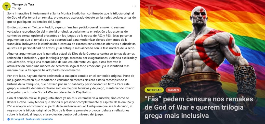 《战神》重制版概念渲染图：暗金色战甲覆盖的奎托斯伫立于崩塌的奥林匹斯神殿废墟之上，背景雷云翻涌，长剑斜指地面，光影对比强烈，充满史诗压迫感