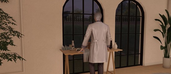 男主插花高光时刻截图：暖光笼罩下，他半跪于地毯，专注修剪花枝，手中渐成形的混搭花束散发微光，背景虚化凸显人物神态温柔