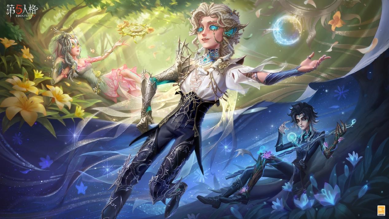 《第五人格》第四十二赛季主视觉图：一座被撕裂的热带雨林岛屿，左半幅烈日高悬、金光刺目、植被炽热扭曲；右半幅冷月当空、墨色深邃、藤蔓幽蓝荧光闪烁，中央一道光影裂隙贯穿全境