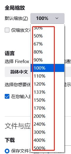 缩放比例下拉菜单展开效果截图，当前选中125%选项，下方标注‘此设置将应用于所有网站’的提示文字