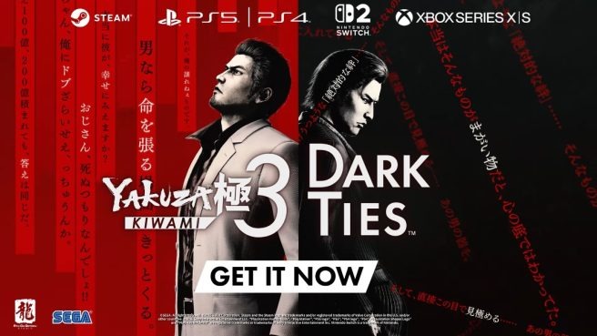 《如龙：极3 & 外传 Dark Ties》双封面宣传图：左侧为桐生一马在冲绳海滨夕阳下坚毅回眸，右侧是峰义孝身着黑色风衣立于东京雨夜霓虹街头，两人目光交汇于中央裂开的‘龙’字徽章上