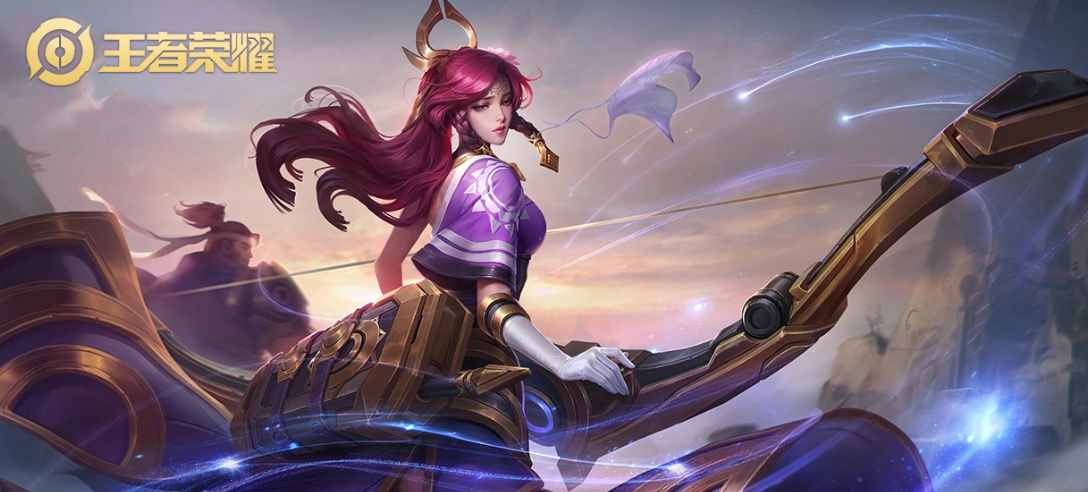 伽罗「太华」皮肤战斗特写，青灰道袍猎猎，长弓引满如满月，身后浮现巍峨华山虚影与金色篆体‘镇’字，气势磅礴