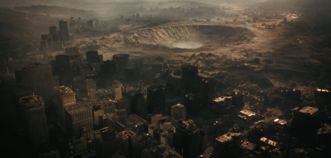 过场动画关键帧：主角背影立于城市废墟高处，远处地平线升起巨大不明生物轮廓，天空被病态紫红色云层笼罩，构图充满史诗级末日隐喻