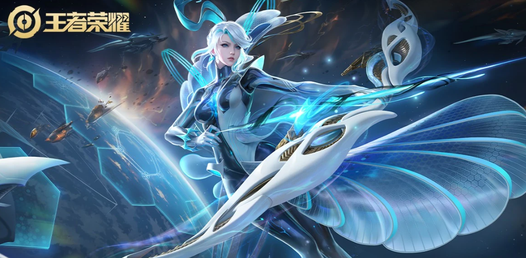 伽罗箭羽风息皮肤特写：浅蓝渐变箭羽随风飘动，手持羽毛笔造型弓箭，背景为手写情书与散落花瓣组成的爱心轮廓