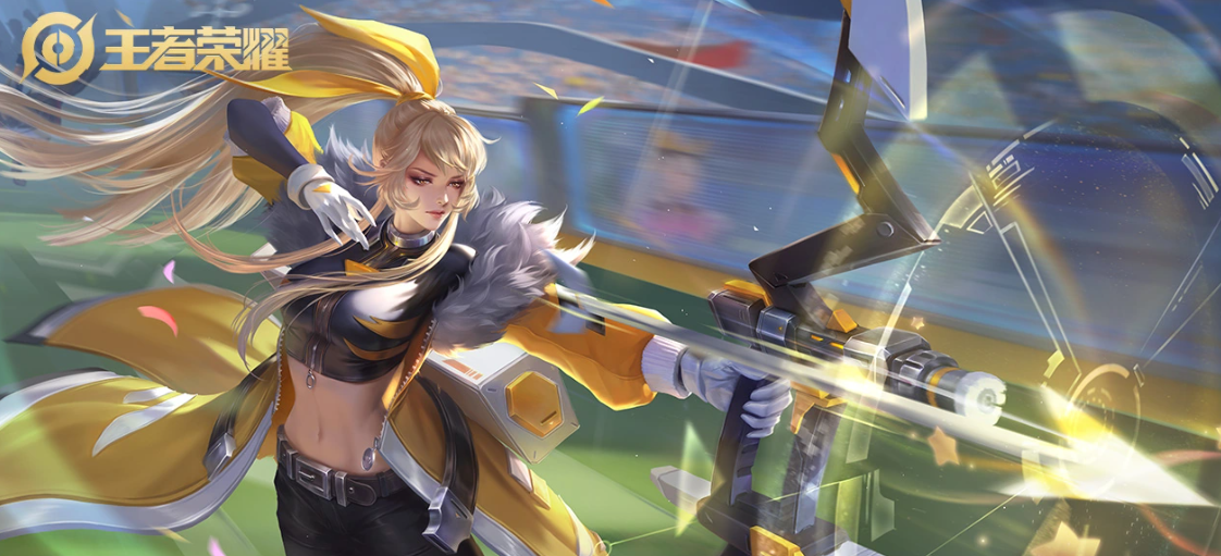 伽罗天狼溯光者皮肤界面：银灰机甲泛着幽蓝数据流光，手腕悬浮全息星图，背景为坍缩的古代城市废墟与新生的发光藤蔓交织