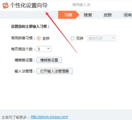 搜狗输入法设置向导主界面，左侧导航栏列有5个配置步骤图标，右侧为当前‘外观设置’模块的皮肤预览与切换面板