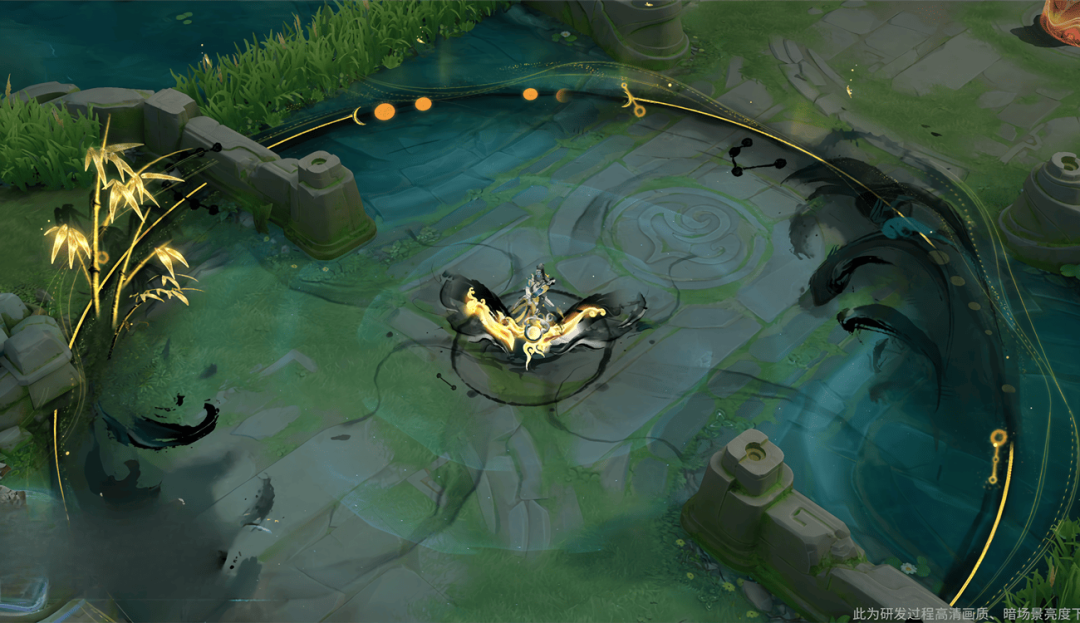 伽罗持弓立于旋转水墨法阵中央，法阵外围金竹摇曳、浪花翻腾，头顶日月同辉，光晕流动如活物，整体画面兼具磅礴与写意