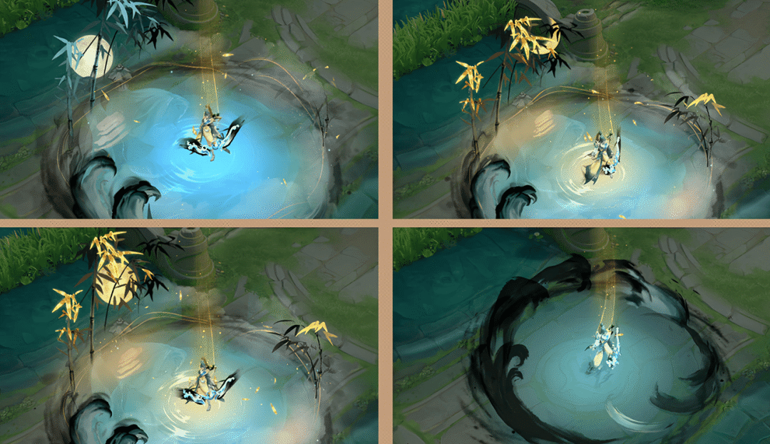 俯视角呈现巨大圆形水墨法阵，阵中竹林掩映水潭，潭面浮现朦胧神女剪影；左上角月亮正转化为太阳，光线由冷蓝渐变为暖金，空间明暗动态过渡