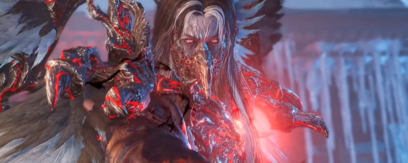 源赖朝Boss立绘特写：身着深青色大铠，手持长薙刀傲然伫立于枯松断崖之上，背景泛起幽蓝常暗光晕，刀锋隐约流转淡青风纹