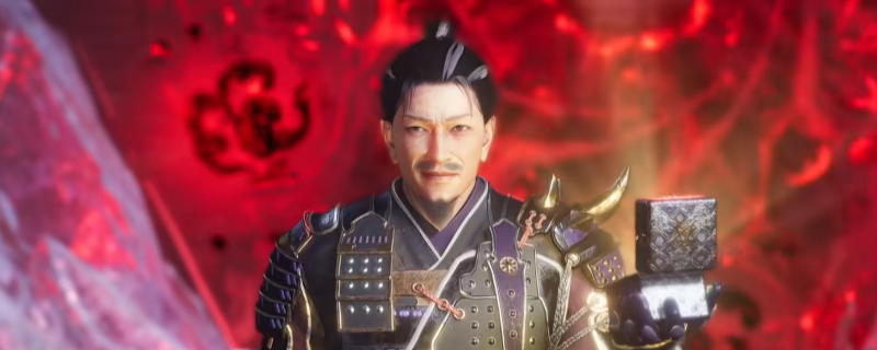 《仁王3》梶原景时BOSS战斗特写：身着赤色重铠的武士腾空跃斩，双刀泛着寒光，背景是飘落的樱瓣与崩裂的木质廊柱