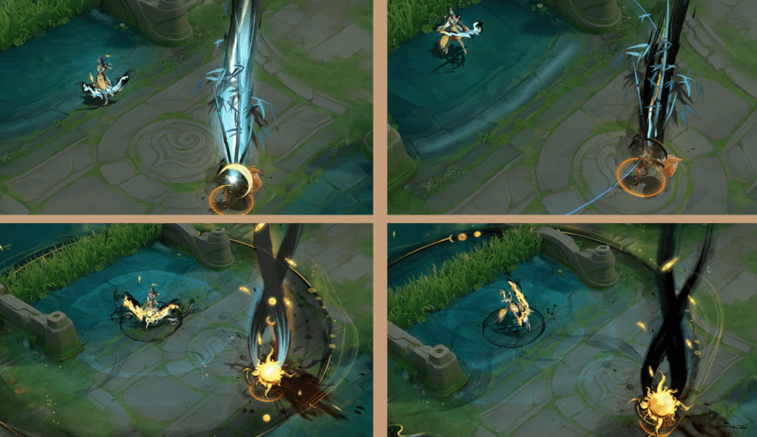 伽罗普攻暴击特写：翠绿竹叶箭矢命中敌人，地面迸发墨色涟漪，上方三株发光墨竹虚影垂直坠落扎入地面