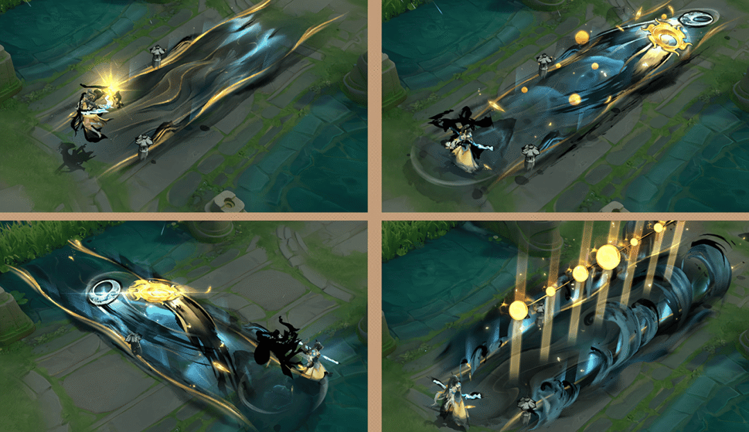 二技能飞行轨迹：银色月轮与金色日轮沿S形水墨河流并行疾驰，河面浮现北斗七星倒影，浪花化作展翅白鹤腾空