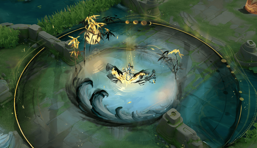 一技能与大招叠加特效：金色法阵中央升起三片半透明巨竹叶，叶面浮动星轨微光，与水潭波纹产生同心圆扩散效果