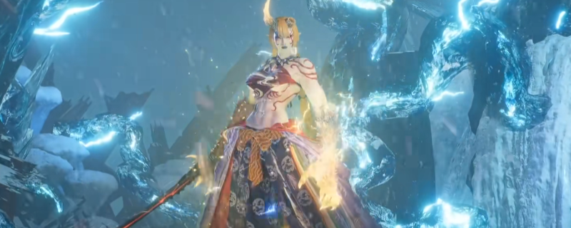 《仁王3》茨木童子BOSS战实机画面：巨型鬼神立于雷光缭绕的古寺废墟中，双臂缠绕紫色电弧，正高举巨臂准备下砸，地面裂痕蔓延，氛围诡谲而压迫