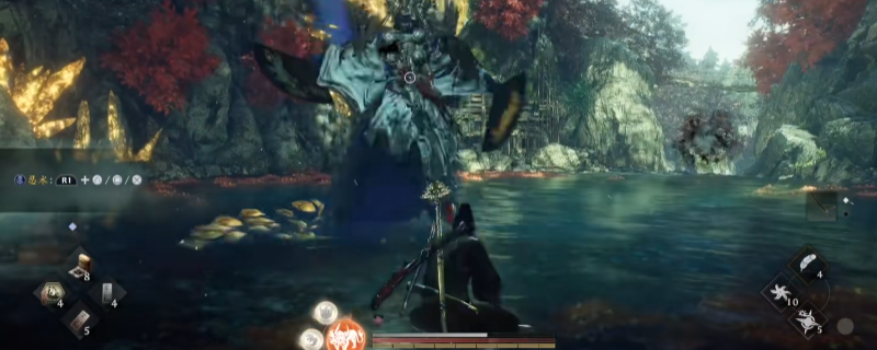 《仁王3》傲岸鬼BOSS立绘特写：身披破碎铠甲、面覆狰狞鬼面，双臂缠绕幽蓝怨气，悬浮于枯山水庭院上空，背景隐约浮现崩塌的朱雀门剪影