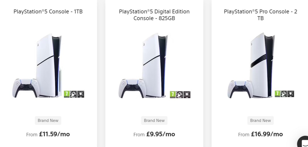 索尼PS5主机与Raylo租赁服务宣传海报并置画面，背景为霓虹蓝紫渐变科技风，醒目展示‘From £9.85/month’价格标签及PS5 Slim主机特写