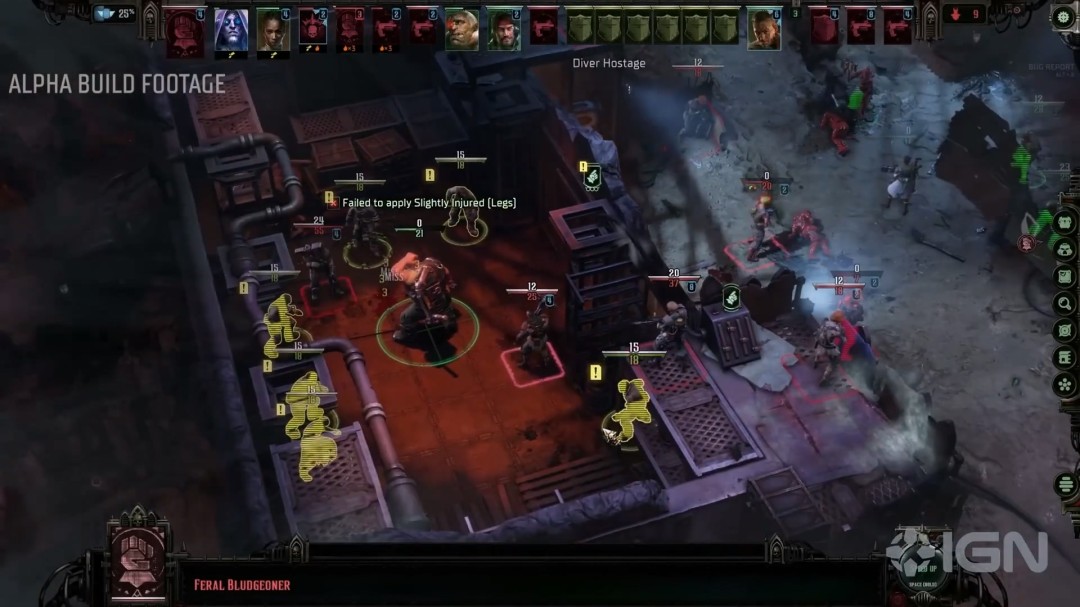 《战锤40K：黑暗异端》Alpha实机画面：阴冷哥特式审判庭大厅内，身着黑金审判官长袍的主角率小队列阵，背景巨型圣像双目泛着猩红微光，地面血渍与焚香灰烬交织